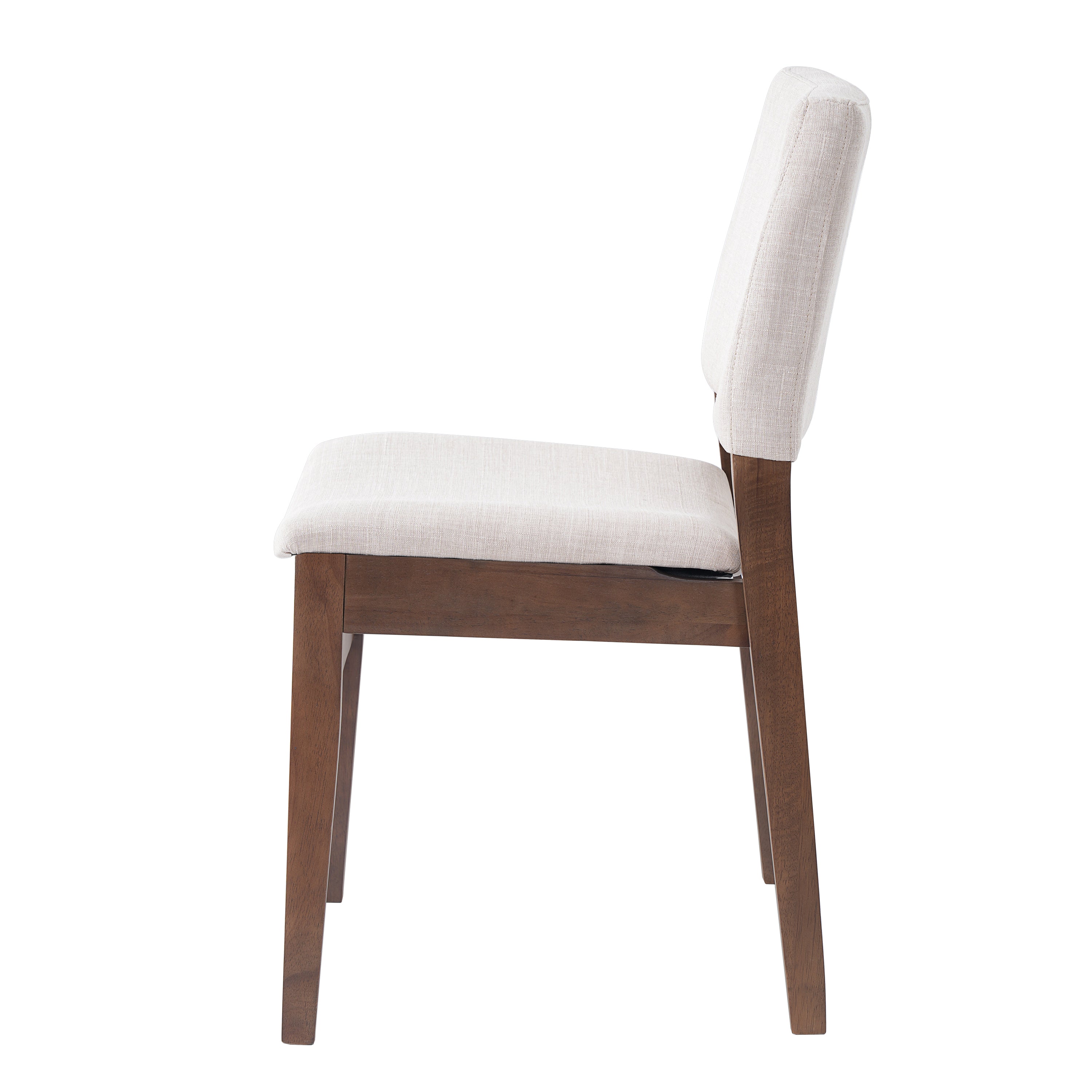 Side profile of a modern upholstered dining chair with walnut wood frame, part of the Modern Dining Set - Chairs & Table Walnut Finish.