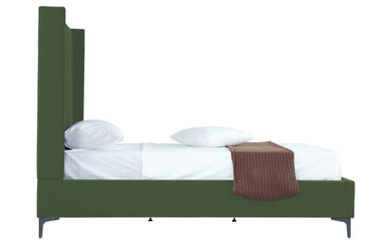 Side profile of Promenade Moss Green 48' Velvet Bed with mattress, showing solid wood frame and mid-century modern design.