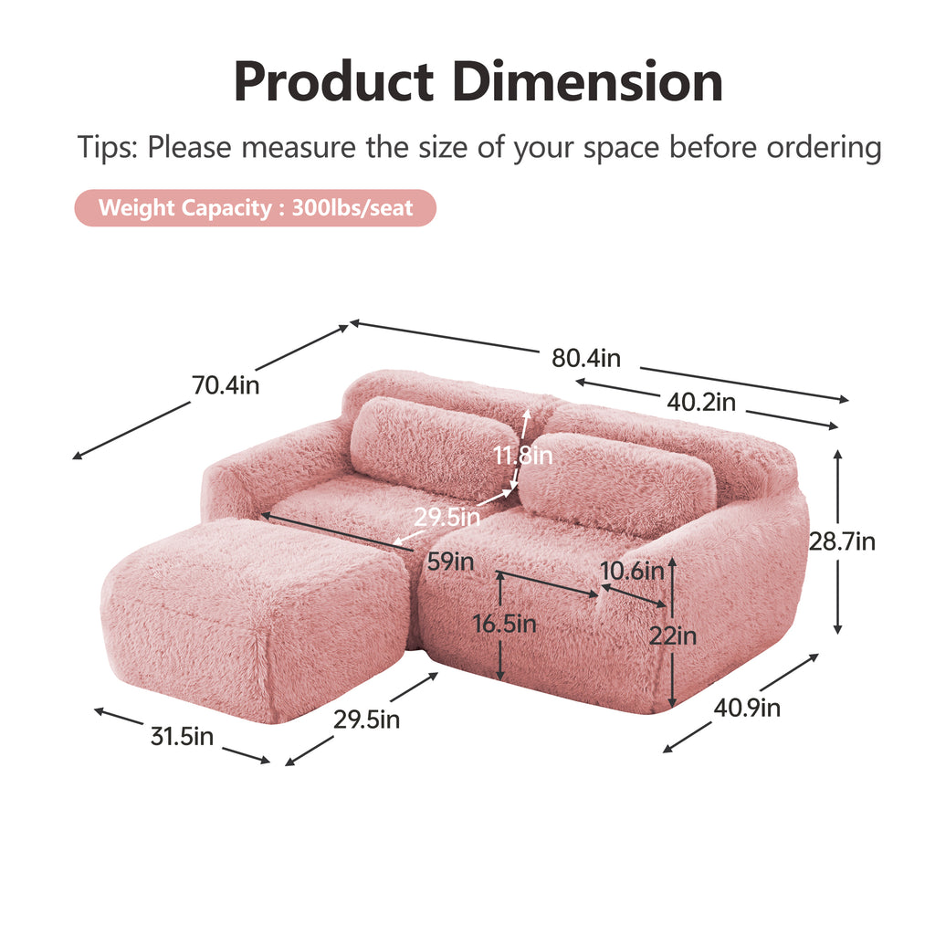 Modular pink sofa with chaise and ergonomic plush design, showing detailed dimensions and 300lbs weight capacity per seat.