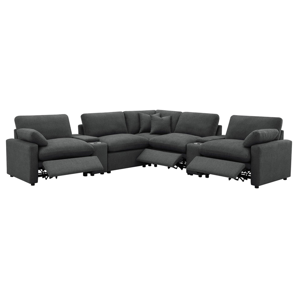 Modular Power Reclining Sectional in Dark Grey Fabric.
