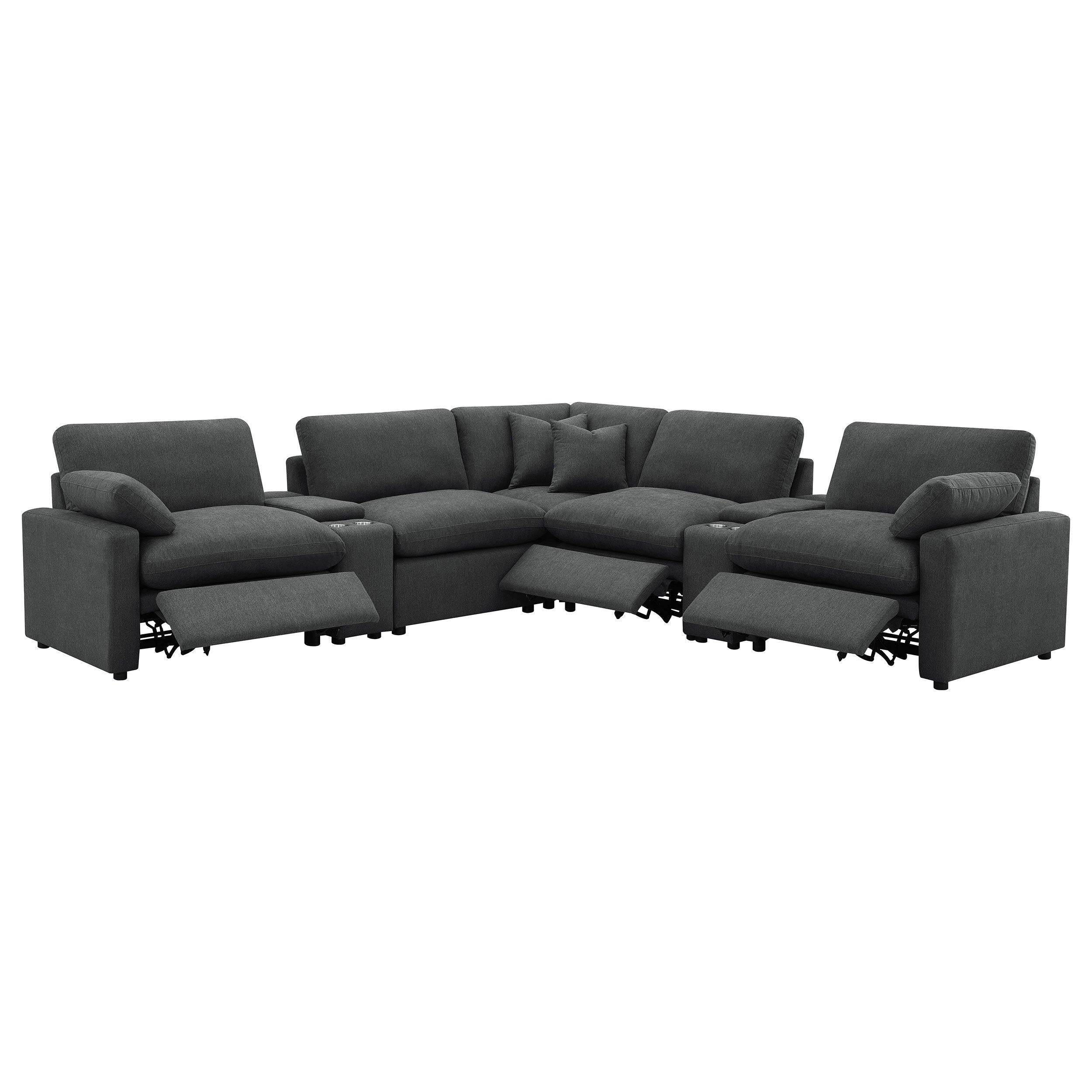 Modular Power Reclining Sectional in Dark Grey Fabric.