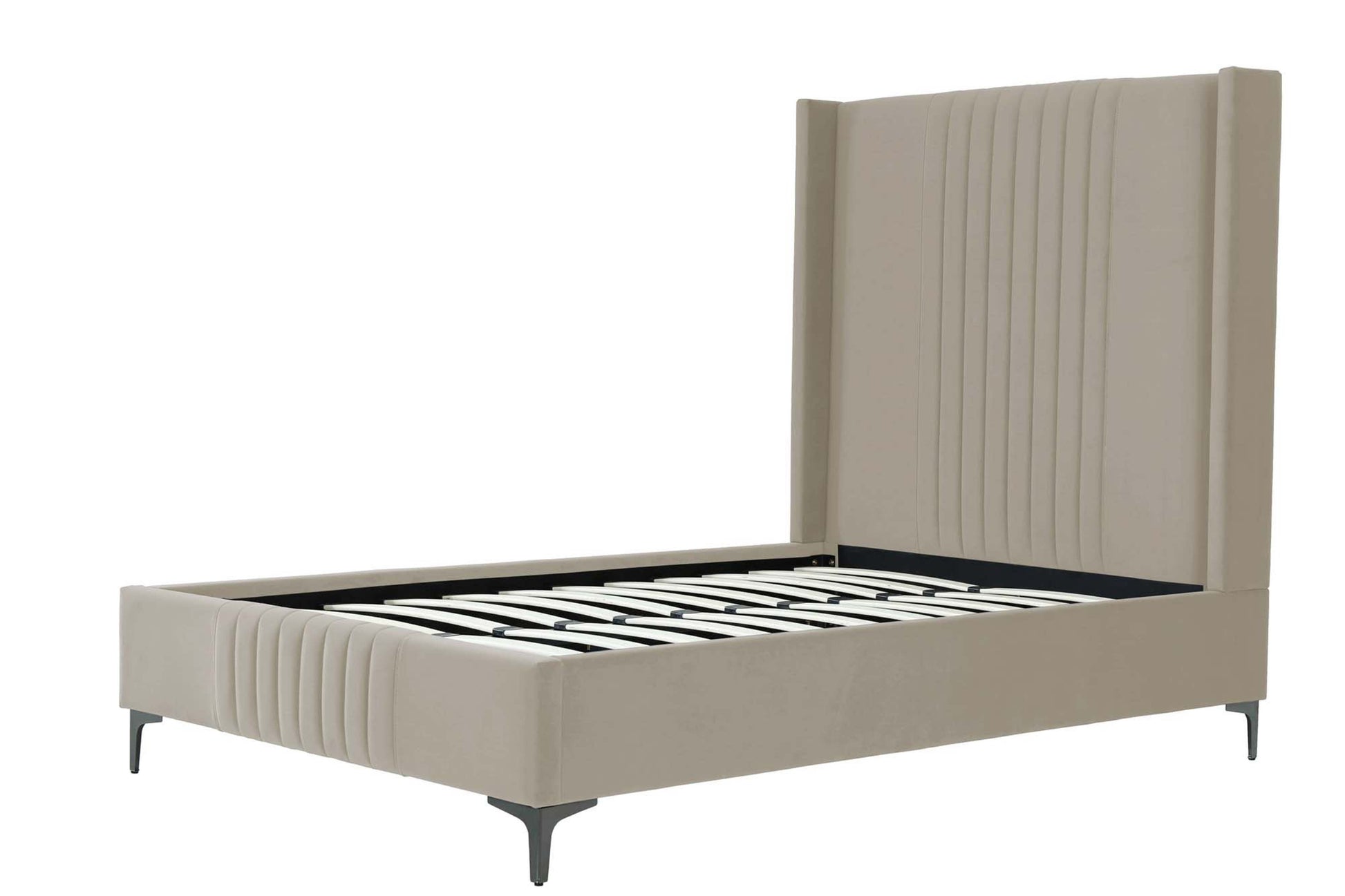 Angled view of Promenade Upholstered Velvet 48' Bed Frame in Rustic Taupe with slatted base and vertical channel tufted headboard.