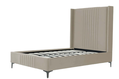 Angled view of Promenade Upholstered Velvet 48' Bed Frame in Rustic Taupe with slatted base and vertical channel tufted headboard.