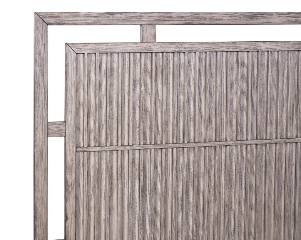 Close-up of vertical slat headboard on Queen Size Panel Bed in Dawn Finish, showcasing detailed wood grain and modern frame design.