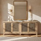 Extra long 4-door sideboard in light natural reclaimed pine with a decorative lattice front in a rustic, elegant style.