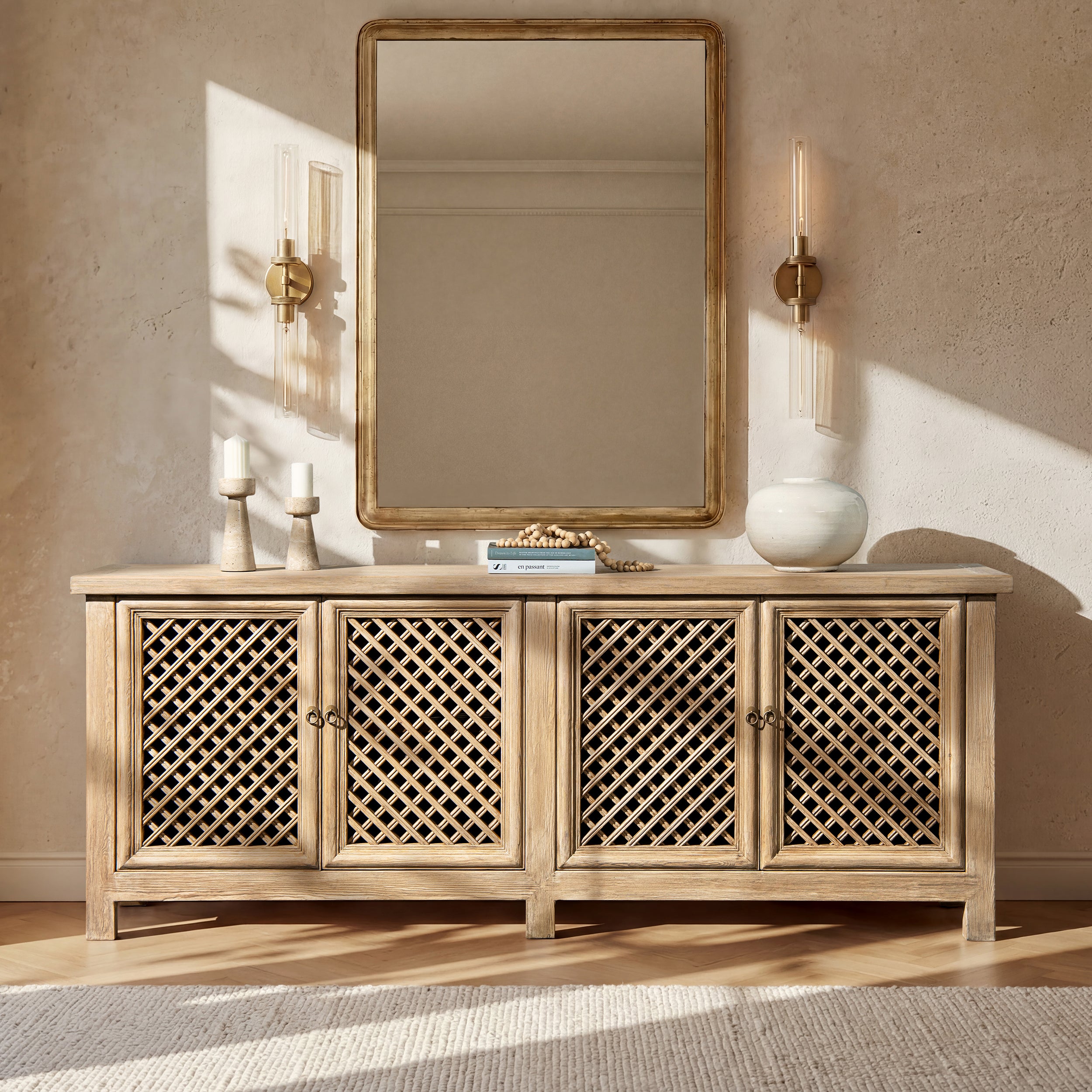 Extra long 4-door sideboard in light natural reclaimed pine with a decorative lattice front in a rustic, elegant style.