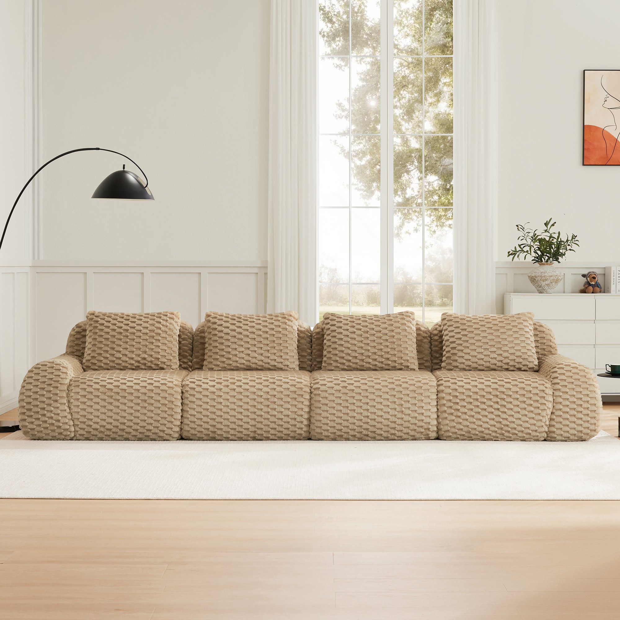 Extra-long modern modular sectional sofa with flannelette fabric and seven cushions, offering spacious seating with no assembly required.