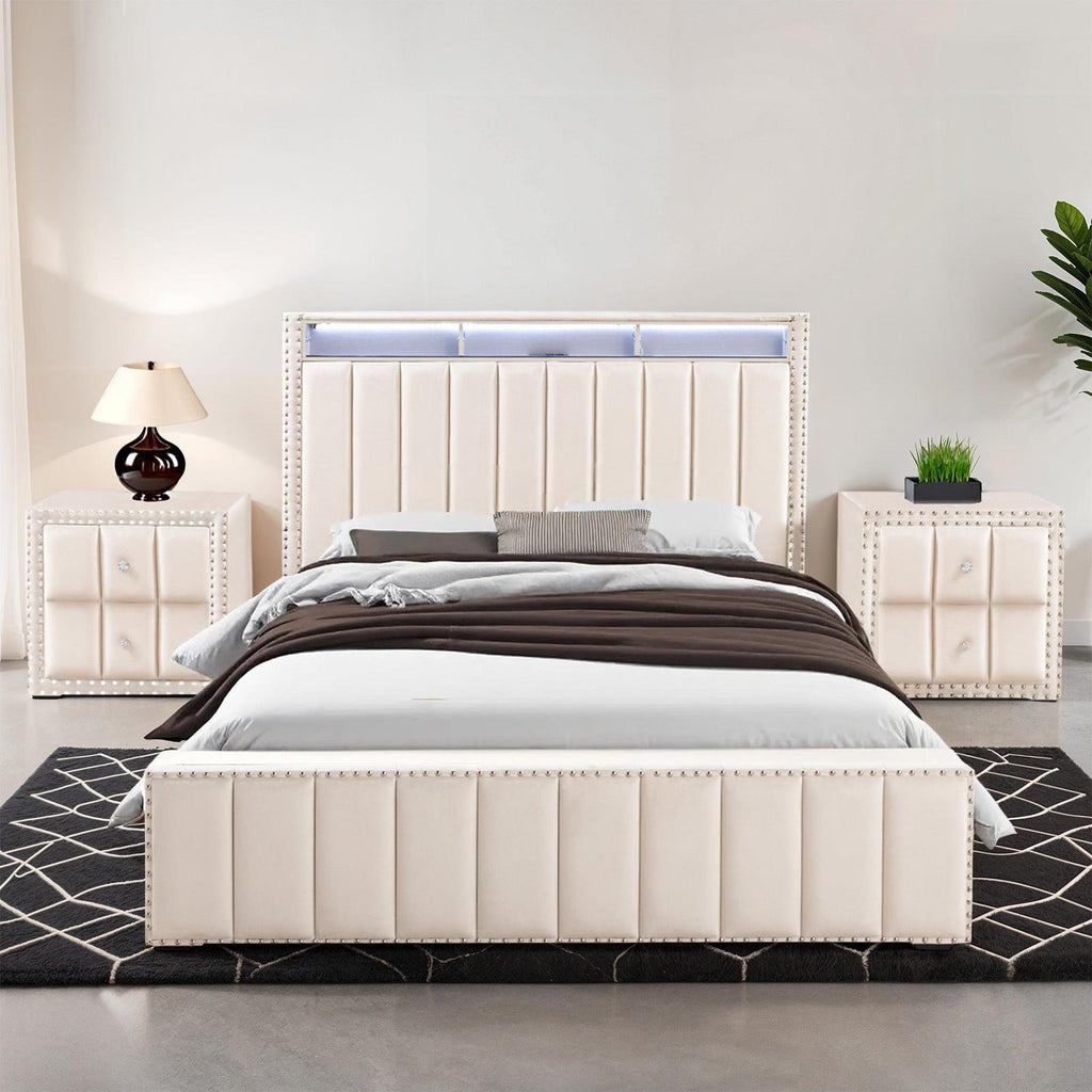 Beige Full Size Bed Set with Nightstands for Bedroom.
