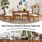 Rustic mid-century modern dining table set for 4 with upholstered chairs, suitable for kitchen, dining room, or coffee shop decor.