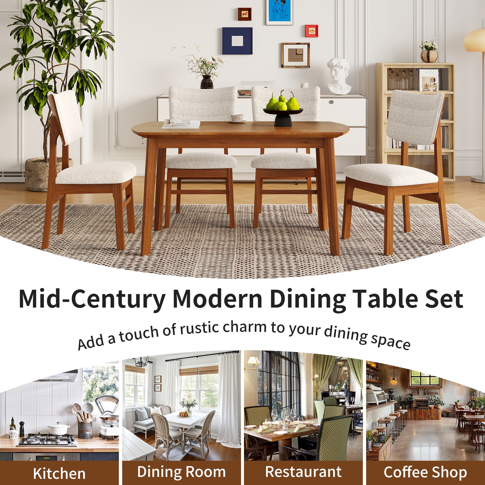 Rustic mid-century modern dining table set for 4 with upholstered chairs, suitable for kitchen, dining room, or coffee shop decor.