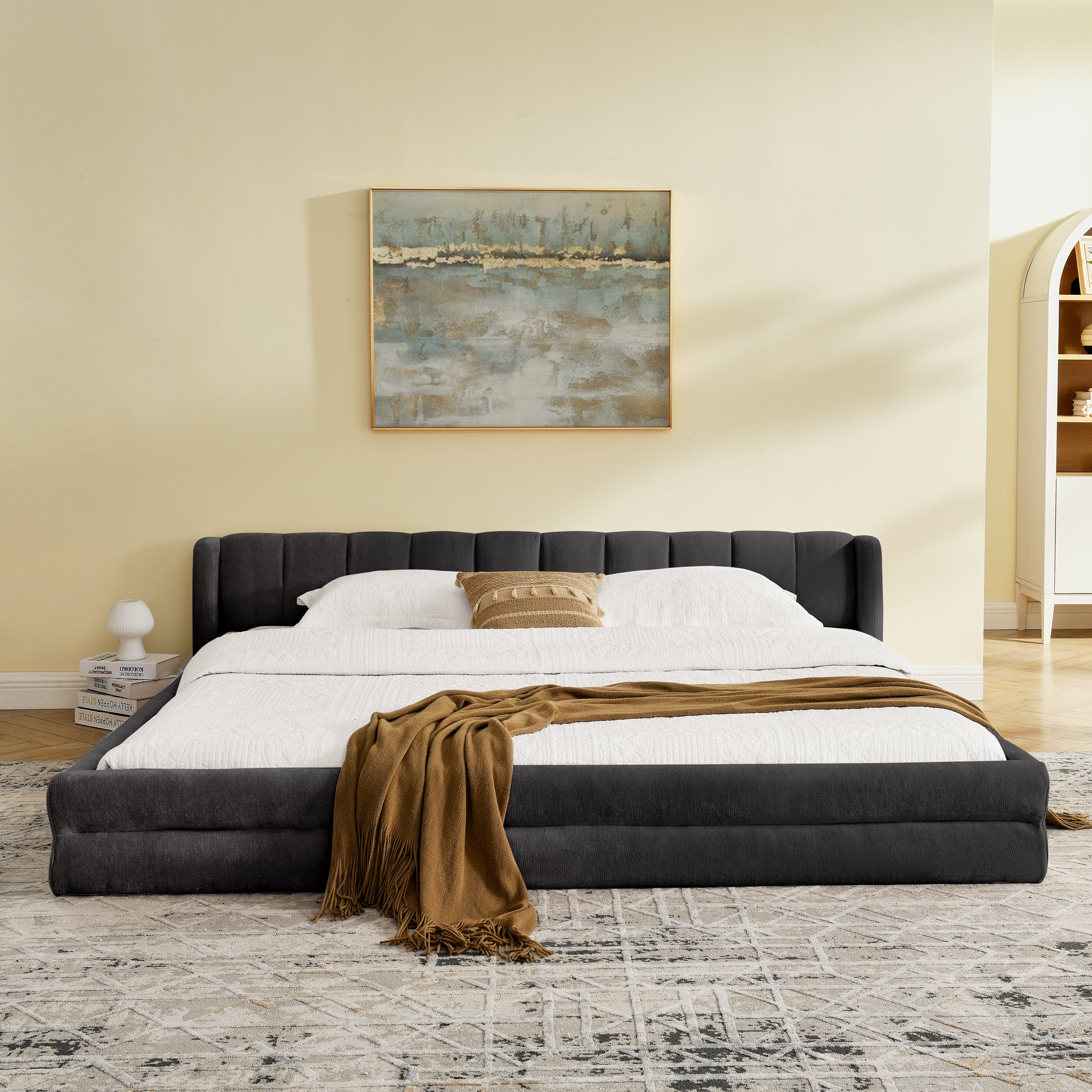 Front view of King Size Bed Frame - Chenille Upholstered in dark gray, showcasing its wide padded headboard and sleek design.