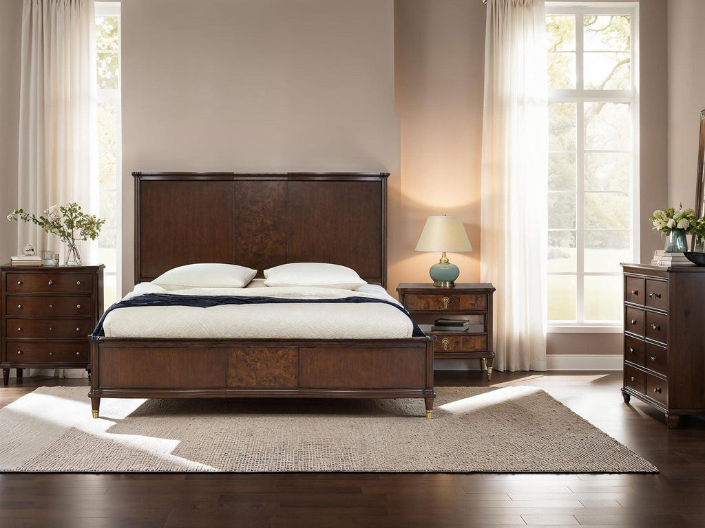 Queen Size Dark Cherry Bed Frame with Gold-Capped Legs.