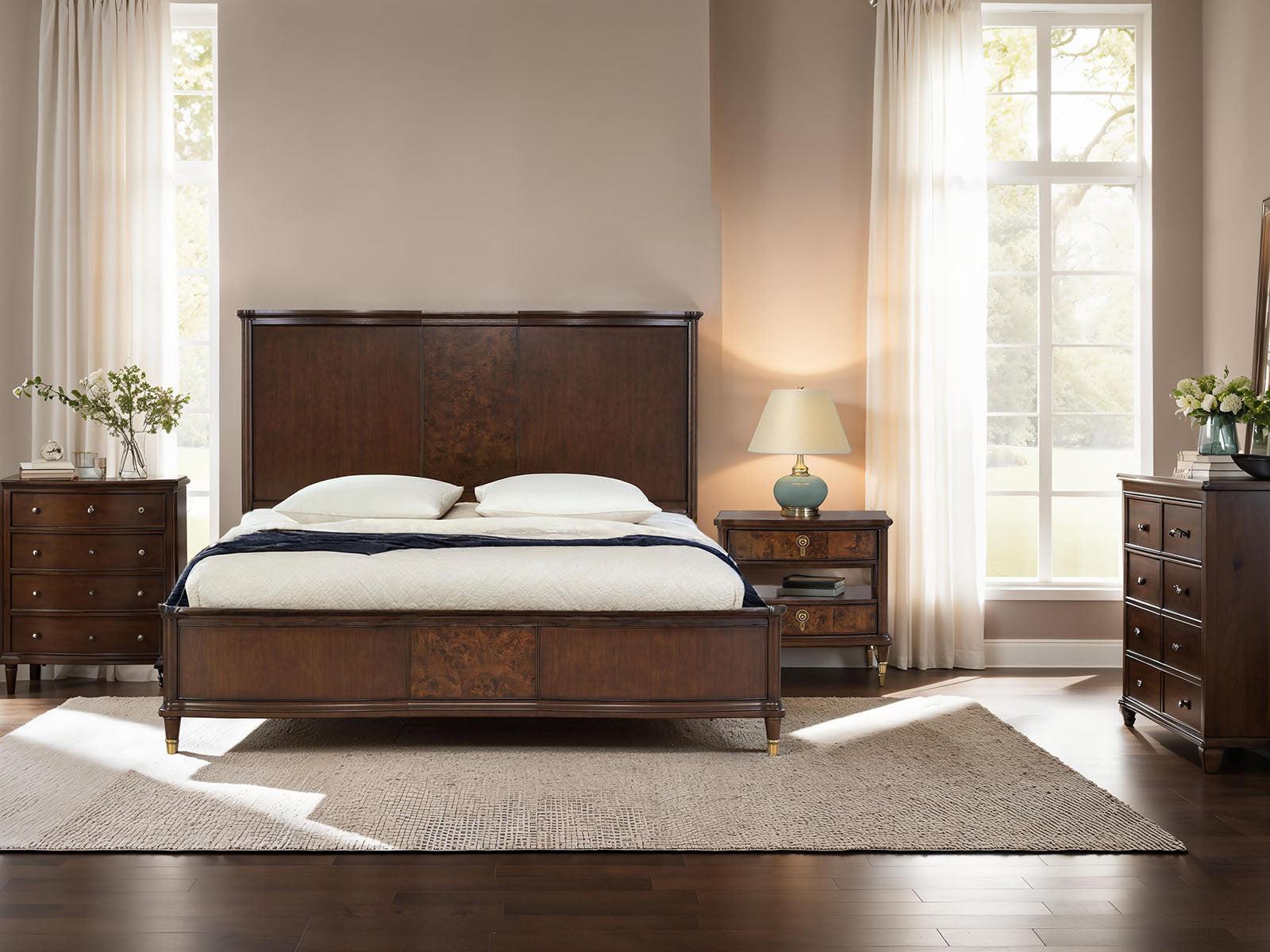 Queen Size Dark Cherry Bed Frame with Gold-Capped Legs.