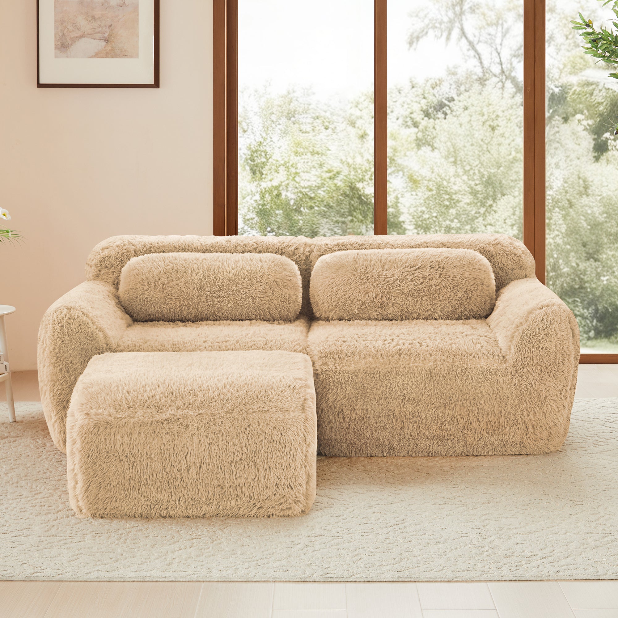 Compact L-shaped modular sofa with soft beige plush fabric and chaise, ergonomic and non-slip for small spaces.