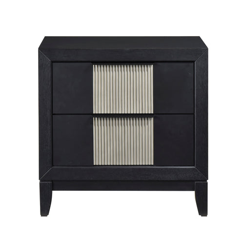 Contemporary 2-drawer charcoal gray solid wood nightstand featuring stylish reeded center drawer panels.