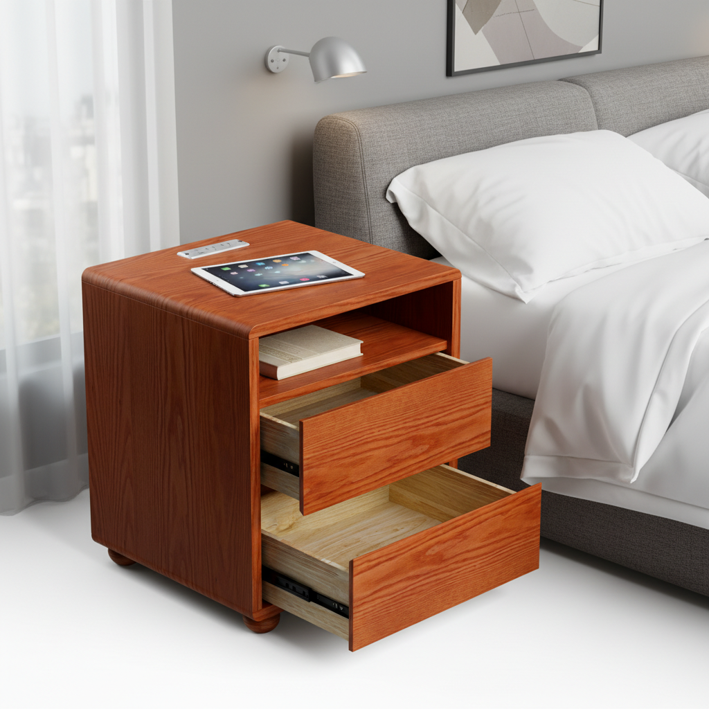Mid-century modern walnut nightstand with a curved frame, two open drawers, storage shelf, and top charging station.