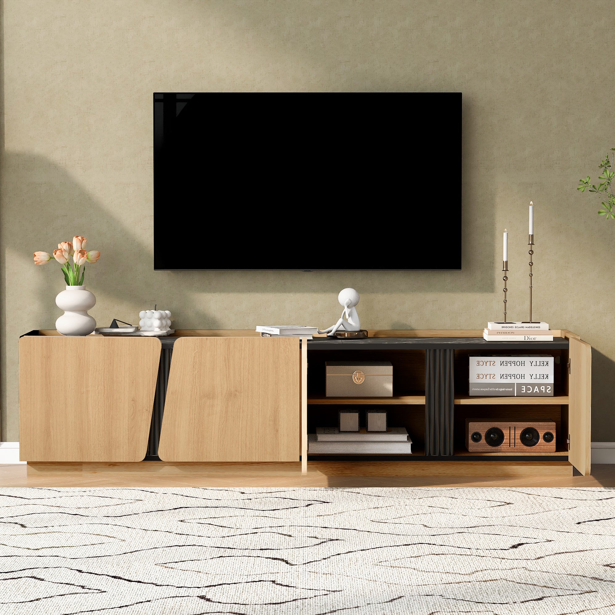 Oak Modern Storage Cabinet with Rounded Corners and Marble Top