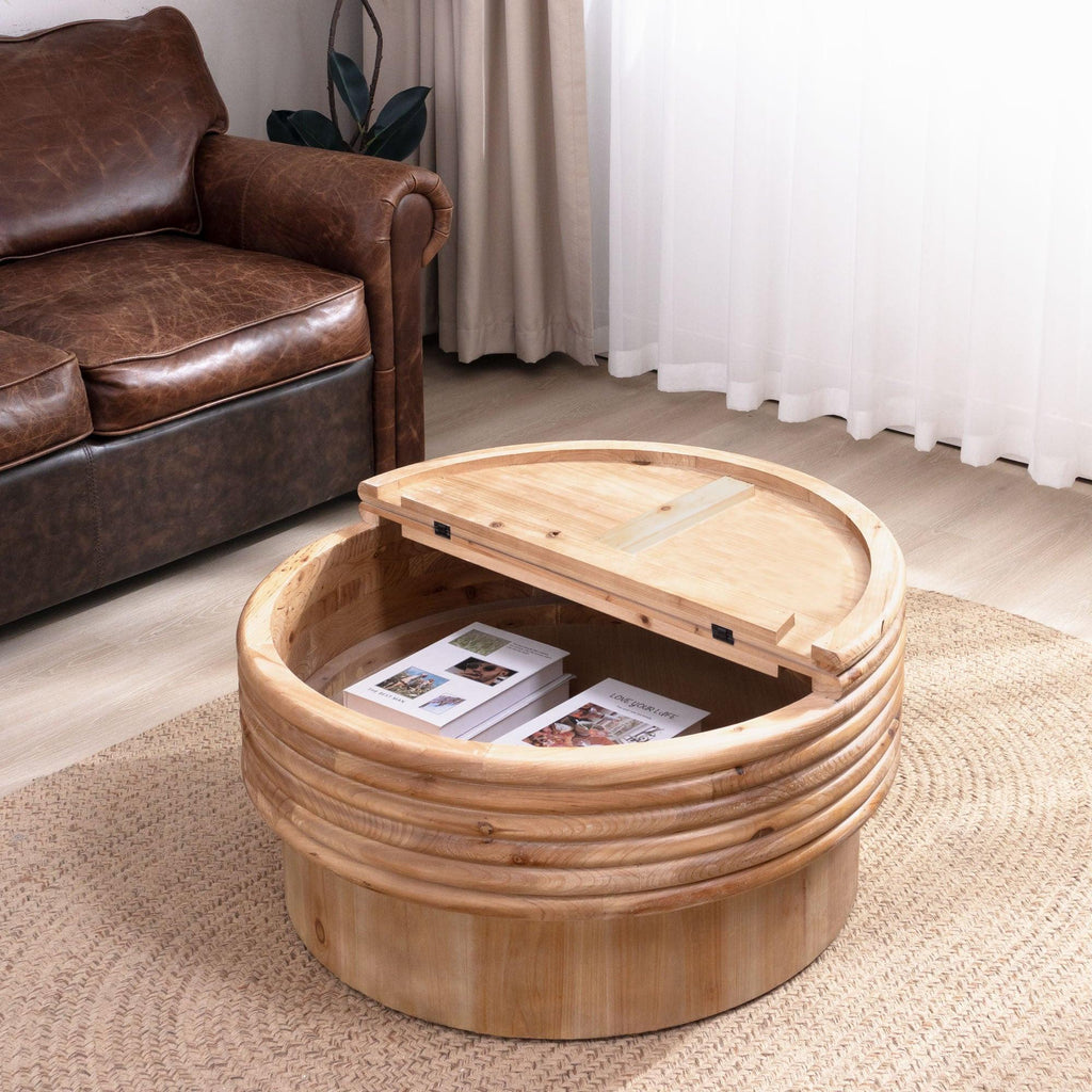 Round Wooden Coffee Table with Hidden Storage – 30.3' Modern Rustic Centerpiece for Living Room,  Natural Finish, Lift-Top Lid,.
