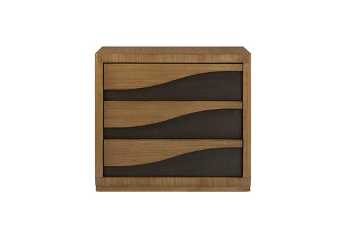 Eucalyptus Bachelors Chest with solid wood frame and soft-close drawers featuring wave-textured black insets, ideal for modern closet organization.