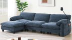 Spacious blue sectional sofa with chaise lounge and USB charging port. Ideal for cozy living rooms with modern decor and natural lighting.