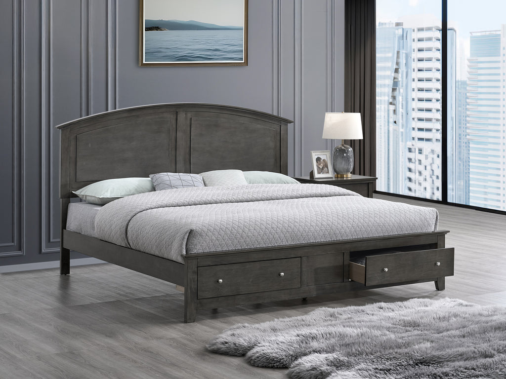 Gray queen-size wooden bed frame with a curved headboard and two built-in storage drawers in the footboard.