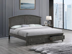 Gray queen-size wooden bed frame with a curved headboard and two built-in storage drawers in the footboard.