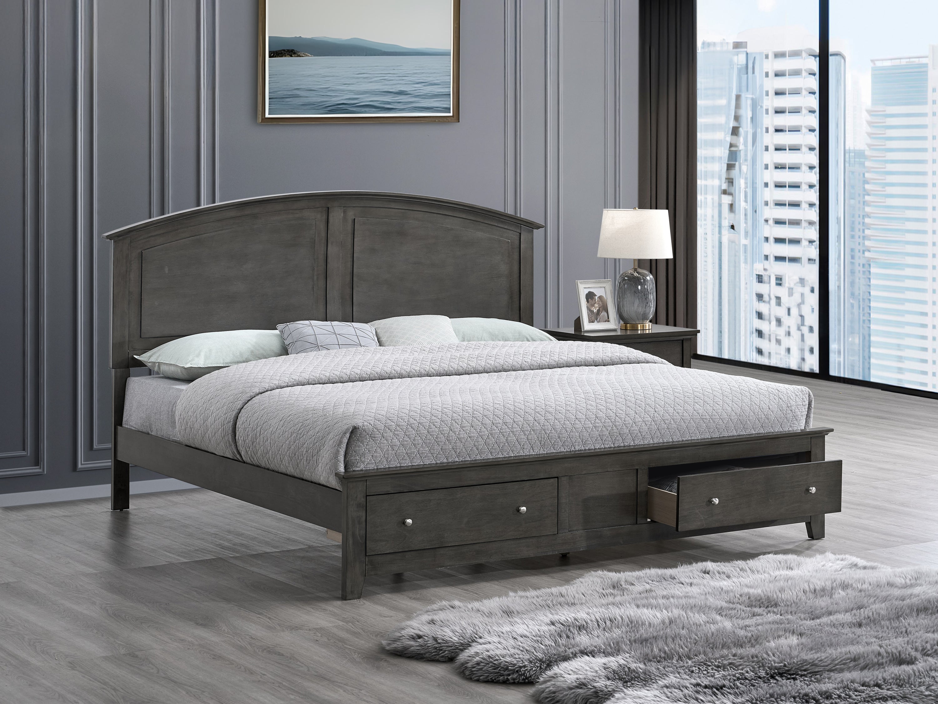 Gray queen-size wooden bed frame with a curved headboard and two built-in storage drawers in the footboard.
