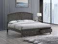 Gray wooden king bed frame with an arched headboard and two built-in storage drawers at the foot.
