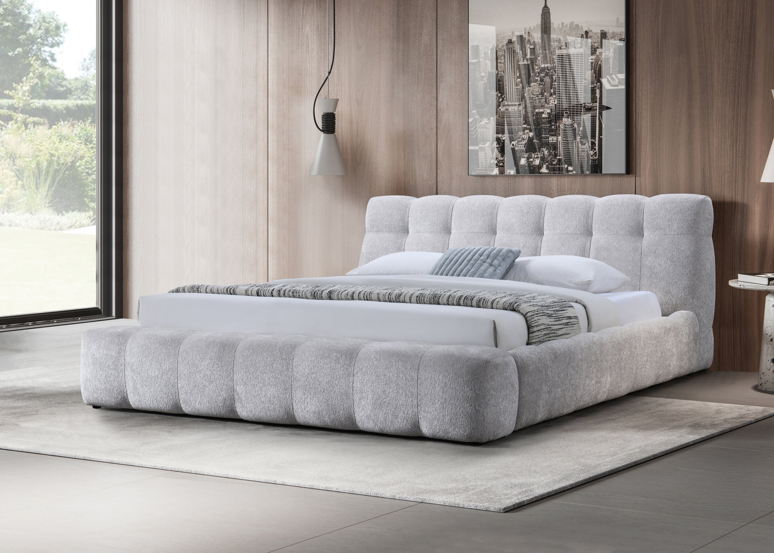 Chenille Queen Bed - Elegant Gray Wood with plush polyester upholstery and tufted design, shown in modern bedroom with wood panel walls.