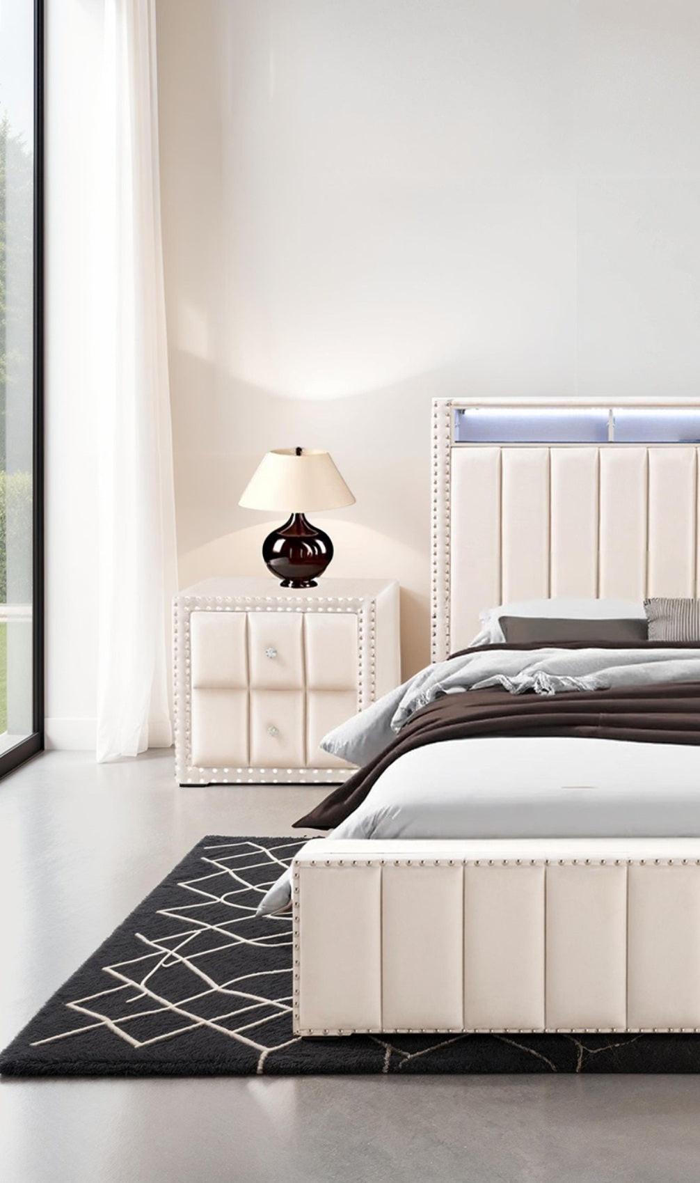 Beige Full Size Bed Set with Nightstands for Bedroom.
