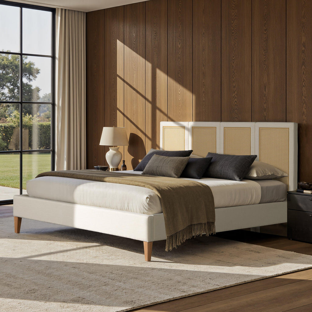 Toscana King Upholstered Cane Bed, Antique White.