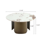 Coffee Table in Bronze with 31.49-inch diameter and 15.35-inch height, featuring a sintered stone top and curved stainless steel base.