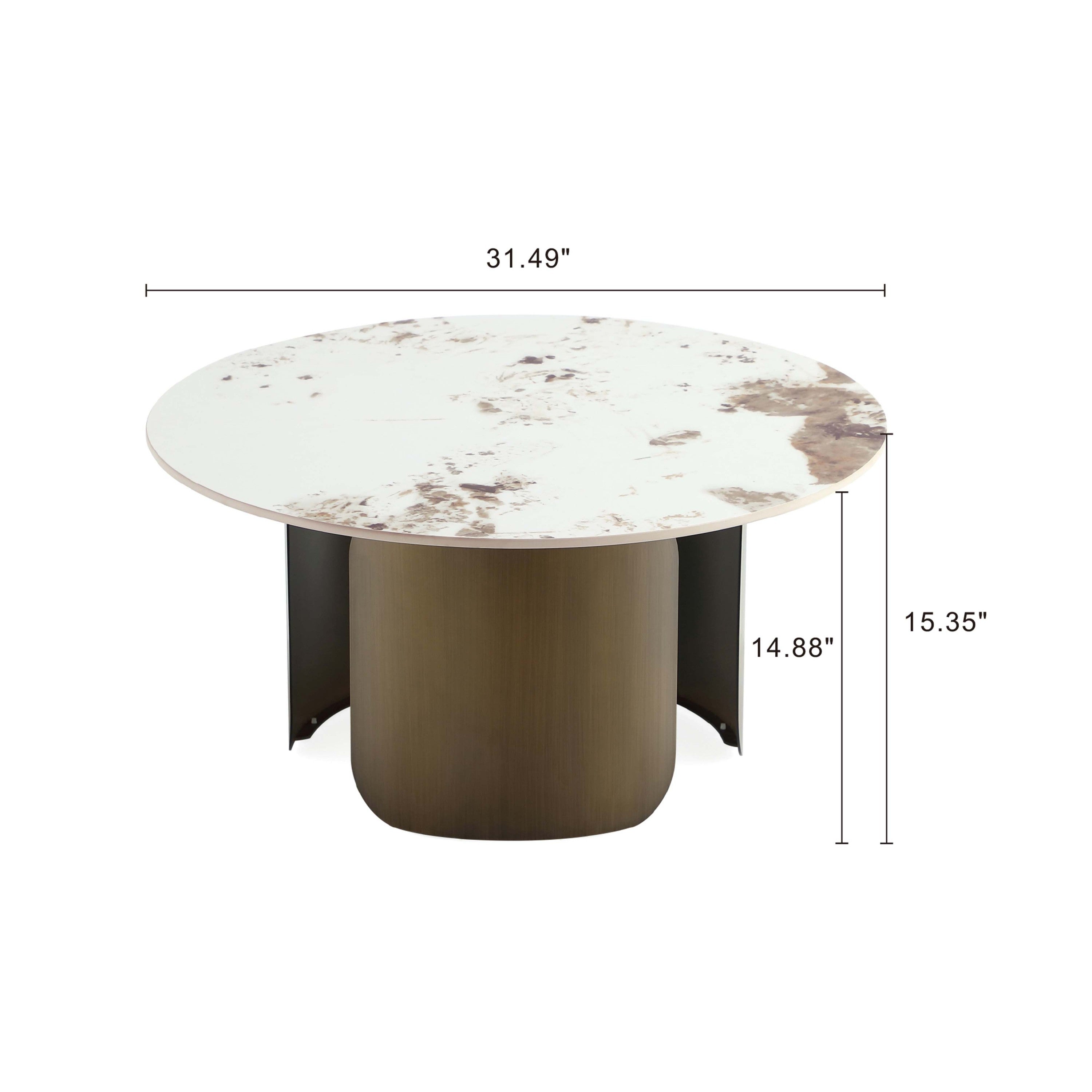 Coffee Table in Bronze with 31.49-inch diameter and 15.35-inch height, featuring a sintered stone top and curved stainless steel base.