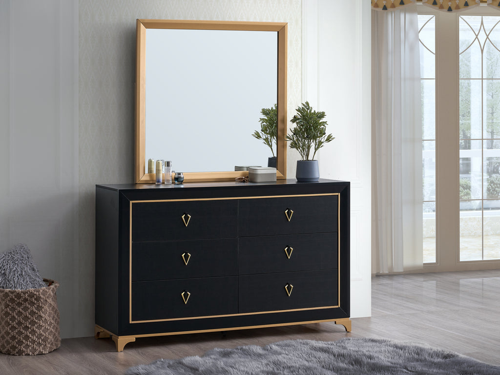 6-Drawer Black Wood Dresser with Gold Accents and Metal Base
