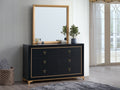 6-Drawer Black Wood Dresser with Gold Accents and Metal Base