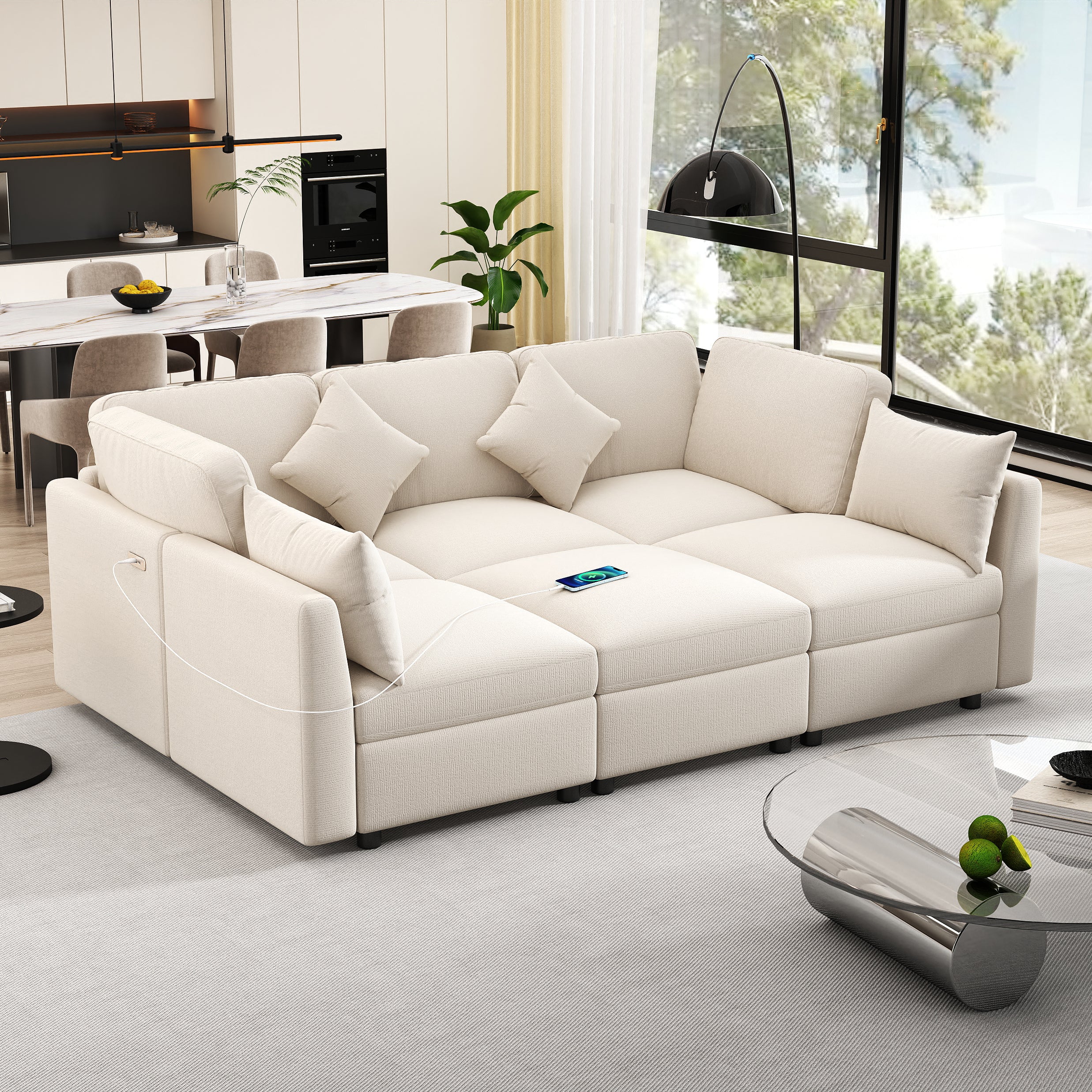 Beige Sectional Sofa Modular U-shaped with Ottoman & USB Ports, Chenille Fabric, 86.6'
