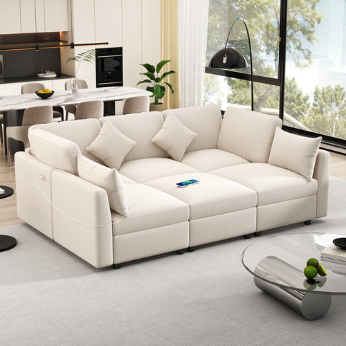 Beige Sectional Sofa Modular U-shaped with Ottoman & USB Ports, Chenille Fabric, 86.6'