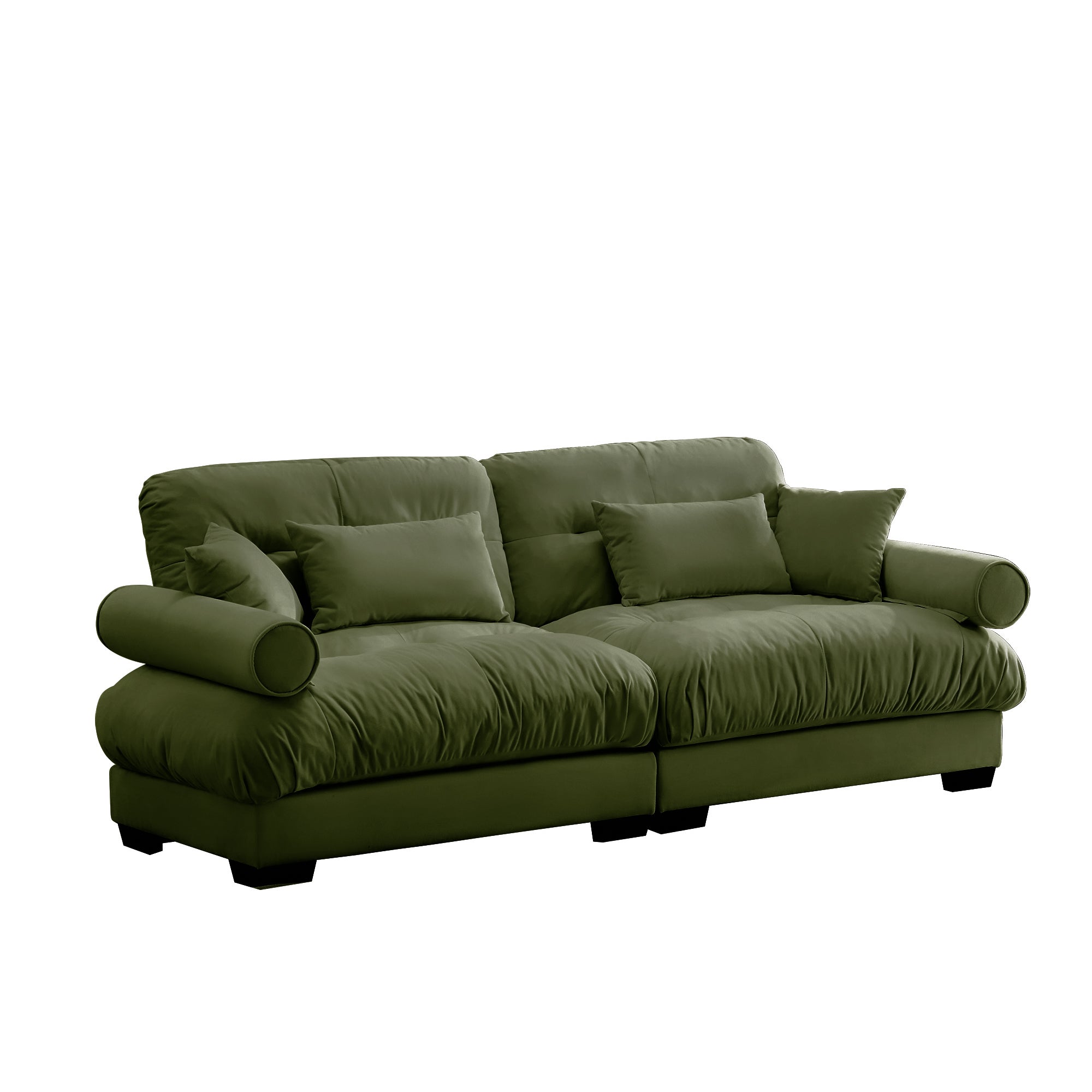 Olive Green Velvet Two-Seater Sofa with Round Bolster Armrests