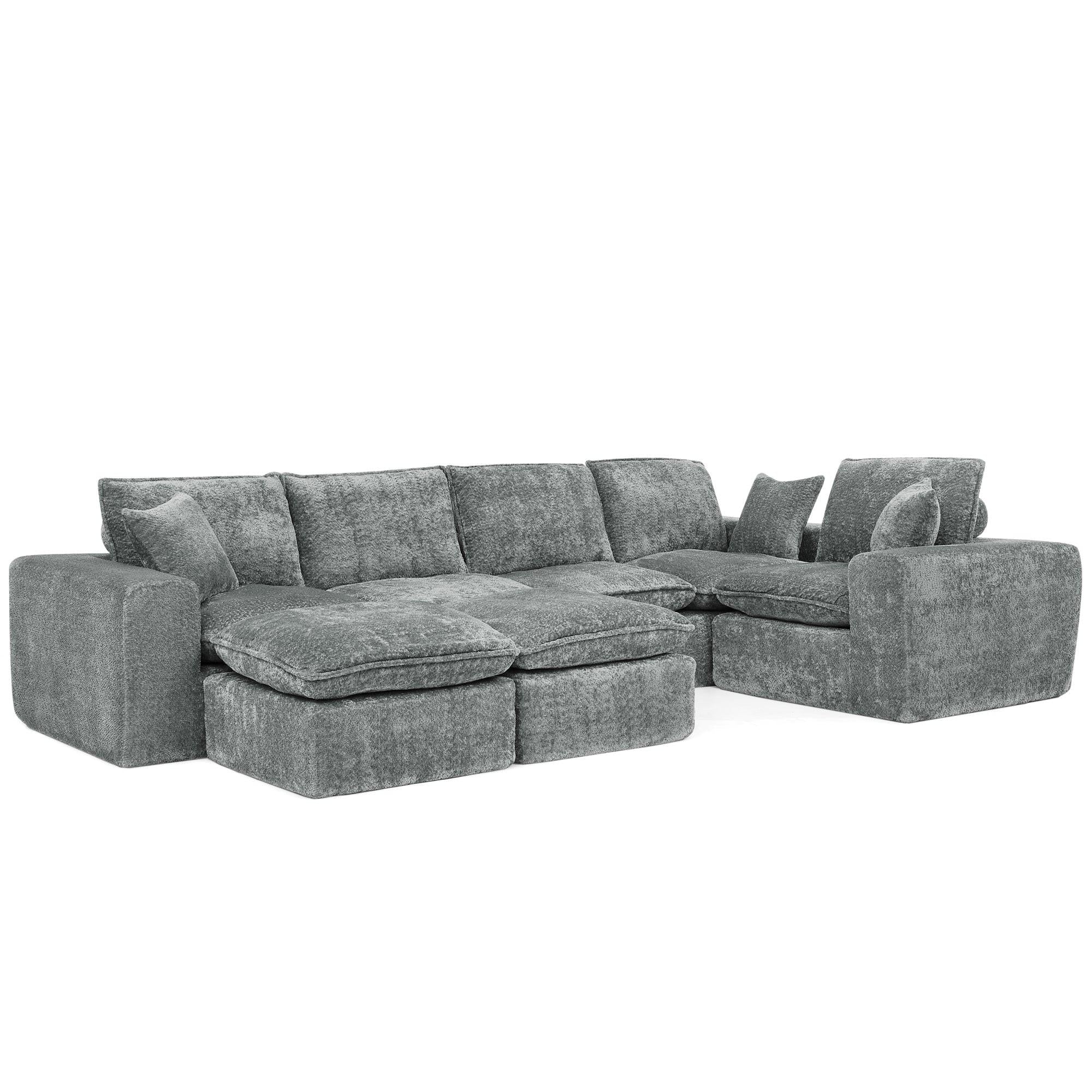 L-shaped Boucle Sectional Sofa with Moveable Ottomans.