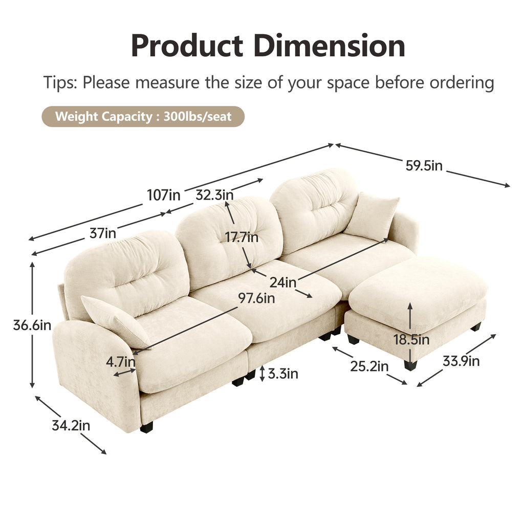 Detailed dimensions of modular L-shaped sectional sofa with ottoman in chenille fabric, including seat depth, width, and height.