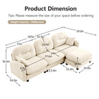 Detailed dimensions of modular L-shaped sectional sofa with ottoman in chenille fabric, including seat depth, width, and height.