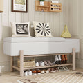 TREXM Farmhouse Upholstered Storage Bench with Hidden Compartment, Modern Entryway Bench for Living Room, Entryway, and Hallways (Natural).