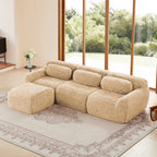Plush fabric modular sectional sofa with ottoman in beige, featuring ergonomic design and no-leg base for modern living rooms.