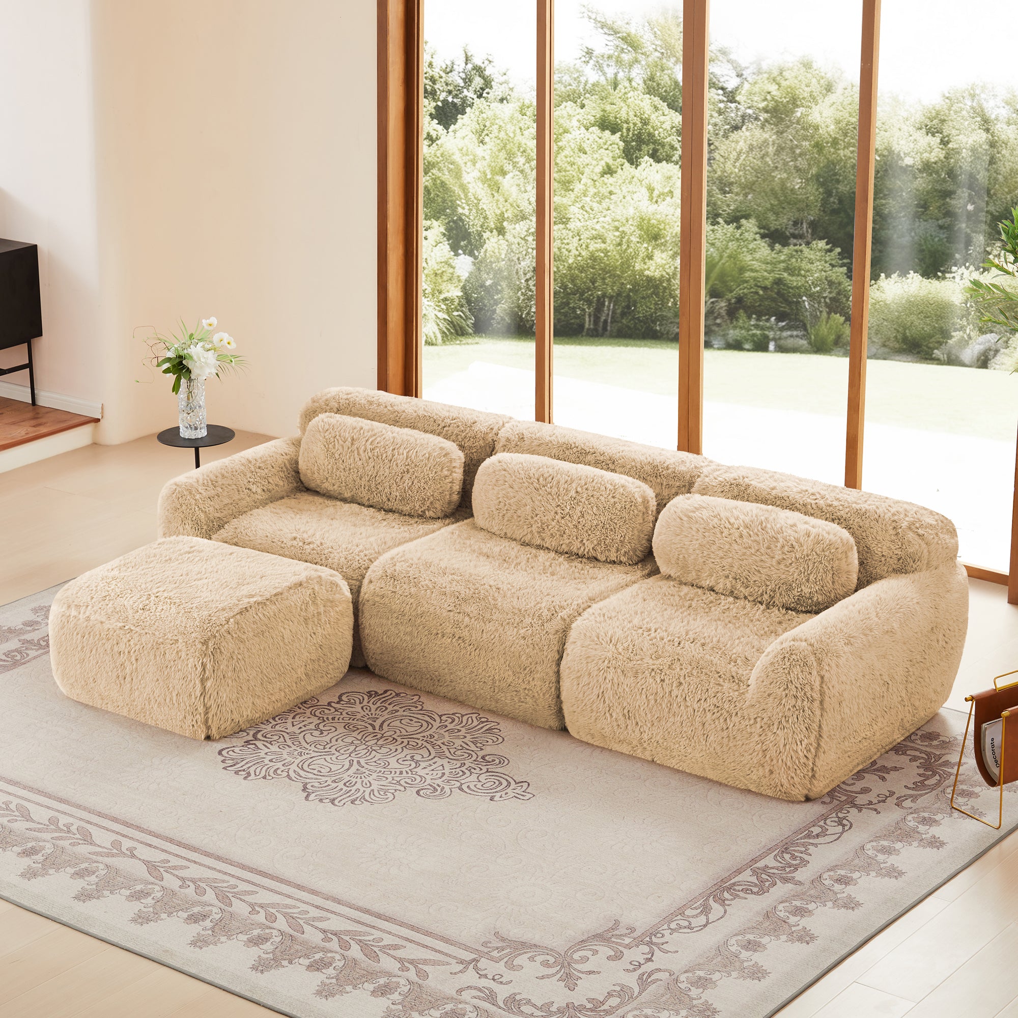 Plush fabric modular sectional sofa with ottoman in beige, featuring ergonomic design and no-leg base for modern living rooms.