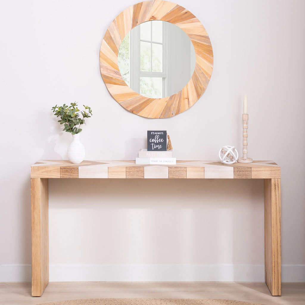 Modern console table with chevron pattern styled in entryway with mirror and decor, perfect for hallway or office use.