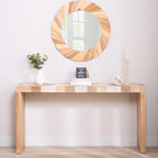 Modern console table with chevron pattern styled in entryway with mirror and decor, perfect for hallway or office use.