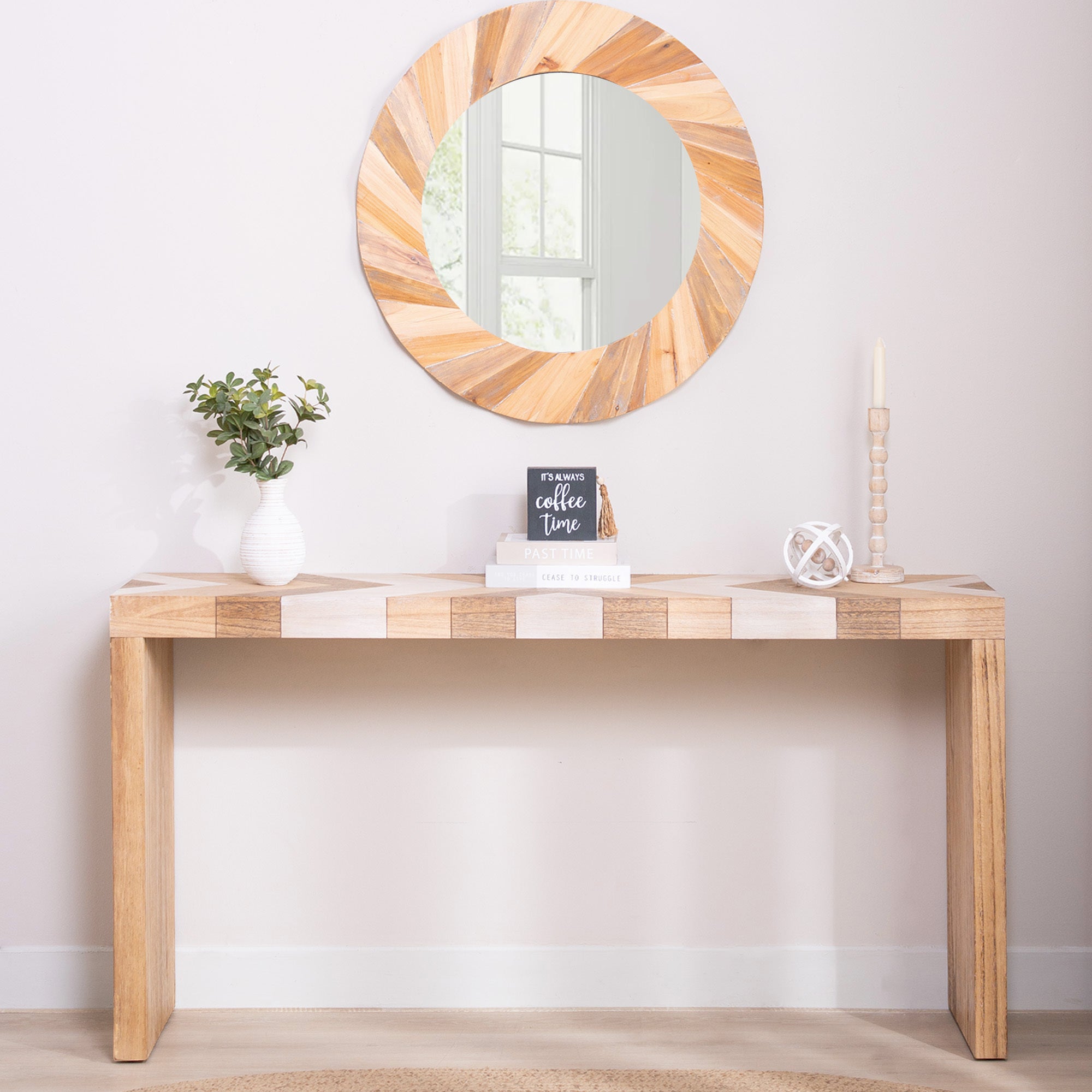 Modern console table with chevron pattern styled in entryway with mirror and decor, perfect for hallway or office use.