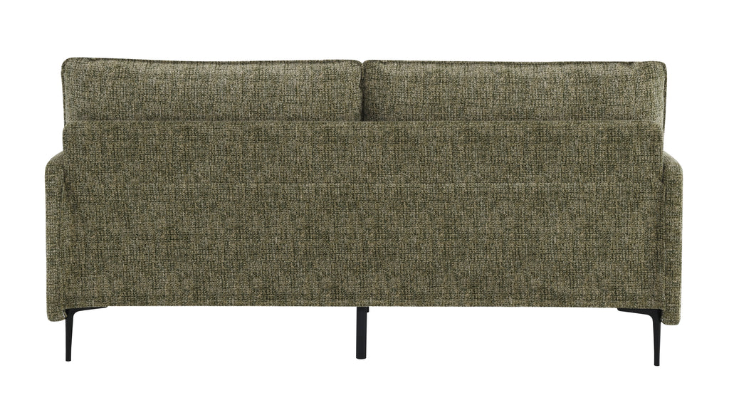 Back view of Dalton Green Fabric Sofa - Compressed Cushion with green chenille fabric and sleek black metal legs.