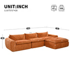 116'' compressed sofa no assembly with detailed dimensions in inches, showing L-shape layout and seat depth for product reference.