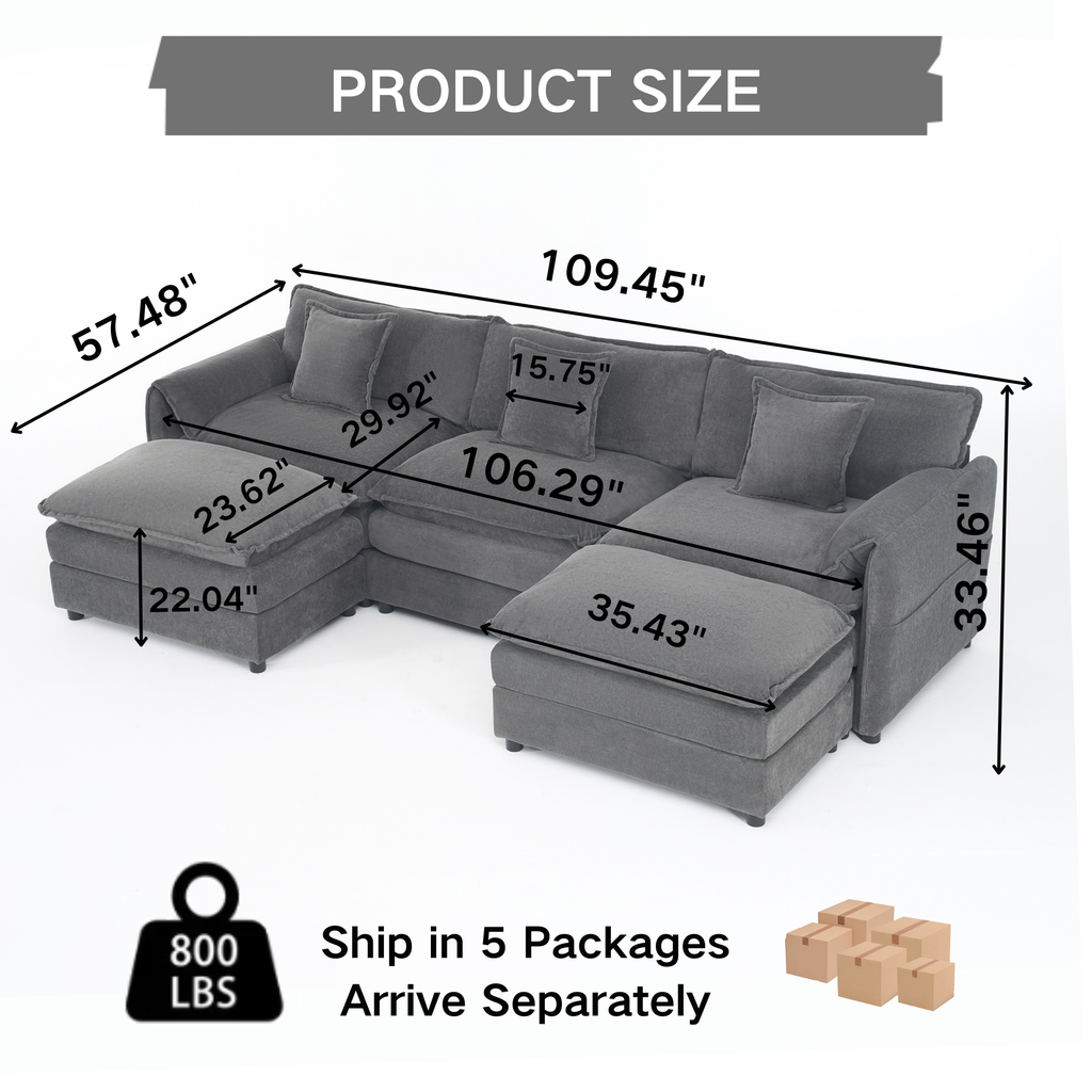 Modular Sectional Sofa - Grey Chenille Couch Set.
